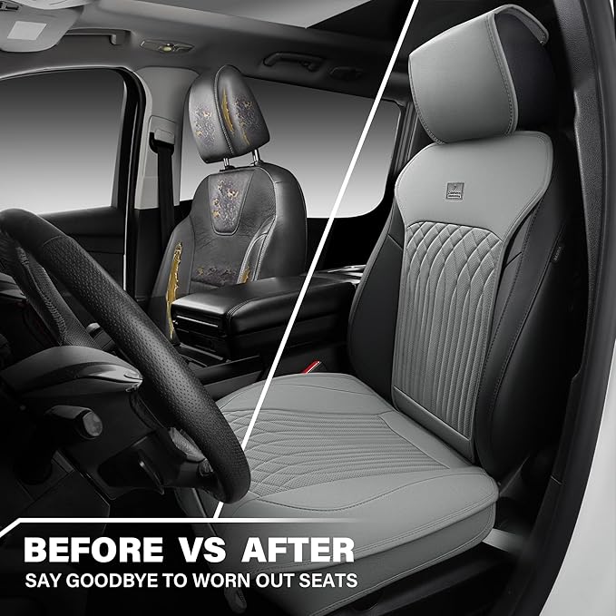 CAR PASS Car Seat Protector, 2 Pack Sideless Nappa Leather Seat Covers for Cars, All Season Waterproof Breathable Front Seats Cushion with Storage Pocket Universal Fit Vehicle Car SUV Truck, All Gray