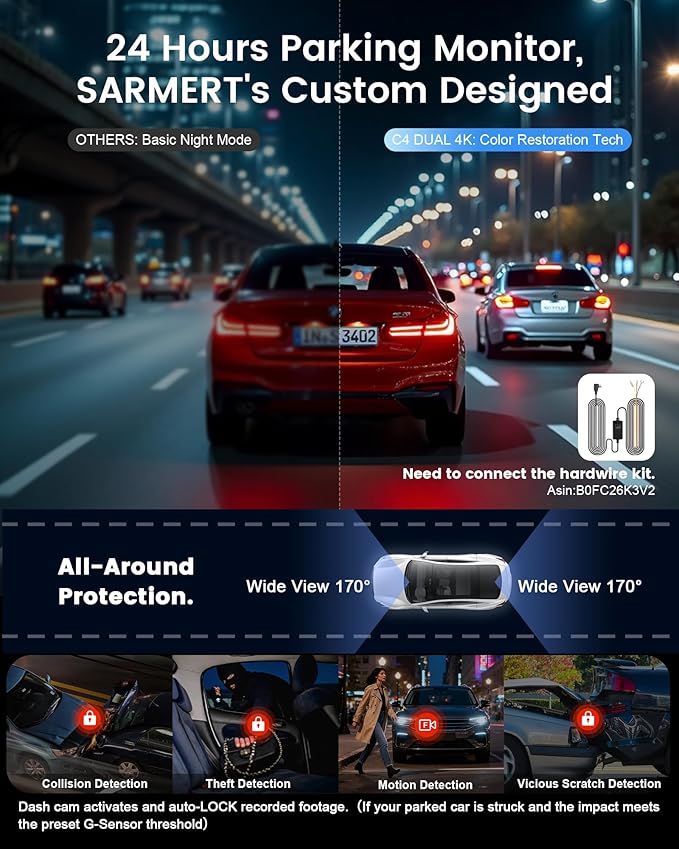 4K+4K Dash Cam Front and Rear, Sarmert C4 Dash Cam Free 128GB Card Included, Built-in GPS and 5G WiFi, HDR Night Vision, WDR Dash Camera for Cars, App, 24H Parking Mode