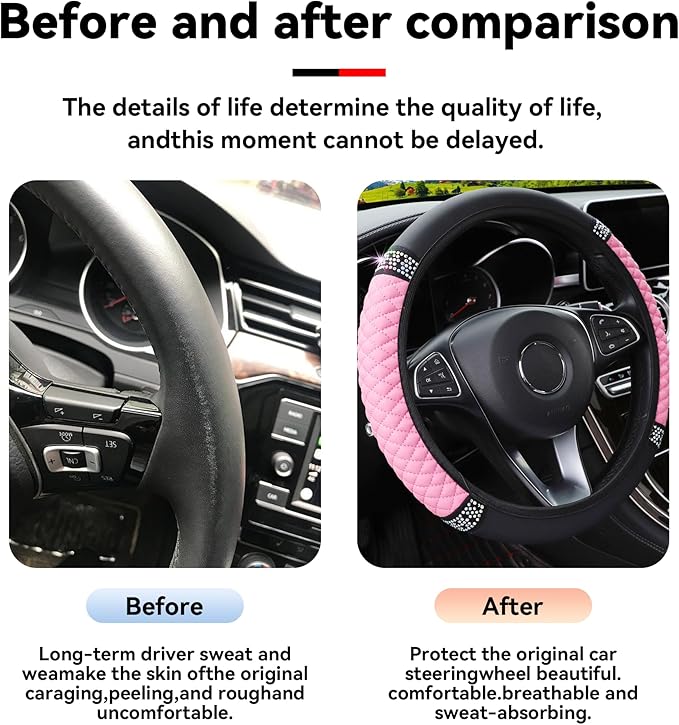 Bling Car Steering Wheel Cover, 15 Inch Rhinestones Soft Leather Elastic Steering Wheel Protector, Sparkly Crystal Diamond for Women Girls, Car Interior Accessories for Most Cars (Pink)