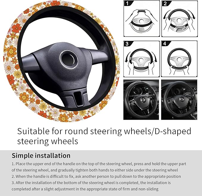 Car Steering Wheel Cover, Universal 15 Inch Neoprene Non-Slip Steering Wheel Covers, Funny Car Accessories for Women Men Fit Auto, Suvs, Truck Cute Boho Colorful Flowers