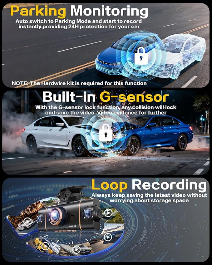 4 Channel 360° Dash Cam Front Rear Inside & Left Right,4K+1080P*3 FHD Car Camera,5GHz WiFi & App Control,8 IR Lamps Night Vision,24H Parking Mode,G-Sensor,Loop Recording,Includes 64GB SD Card（Black）