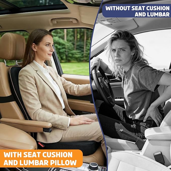 Car Seat Cushion,Lumbar Support Pillow for Office Chair – 3D Breathable Mesh Memory Foam Pad,Non-Slip Truck Seat Cushion with Adjustable Strap, Lower Back Support for Car, Office, Gaming Chair, Black