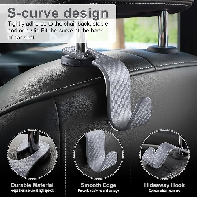 LivTee Car Purse Hook, 4 Pack Universal Auto Seat Headrest Hook Hangers Organizer for Coats, Umbrellas, Groceries - Carbon Fiber Gray