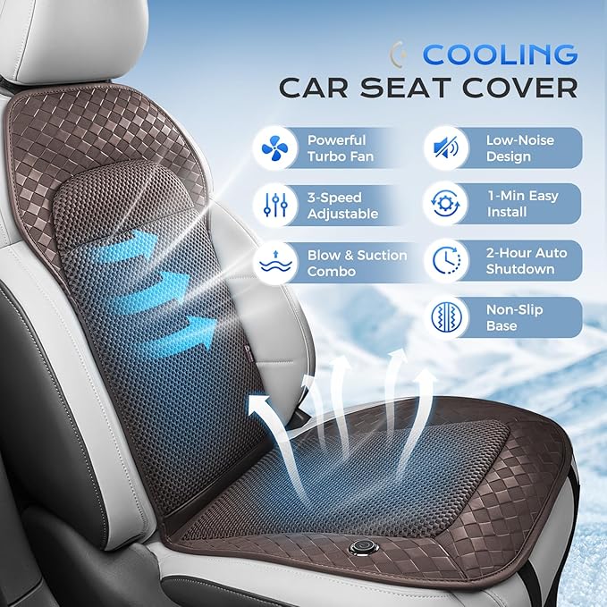 Coverado Summer Cooling Car Seat Cushion, 12V-24V Dual Blowing & Suction Ventilated Pad with 8 Turbo Fans, 3-Speed Adjustable Universal Fit for Hot Weather Car, SUV, Truck & Van-Brown