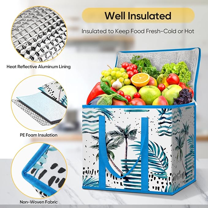 BALEINE 2Pk Insulated Reusable Grocery Bags, Collapsible Cooler Bag for Groceries, Heavy Duty Large Insulated Bag (16''x9''x13'', Island Breeze)
