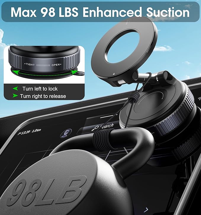 REOKILY 2026 Upgraded Vacuum Magnetic Car Phone Holder 360° Reinforced 96LBS Ultra Suction Cup Phone Mount for MagSafe Cell Phone Holders for Your Car/Gym/Mirror Mount for iPhone & Android