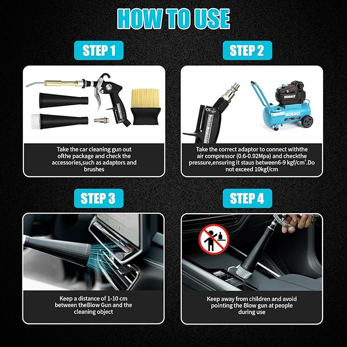 High Pressure Car Cleaning Gun with 2 Nozzles & Brush, Air Blow Gun for Interior Detailing, Dry Cleaning Tool for Dust Removal, Works with Air Compressor Only (No Water Needed)