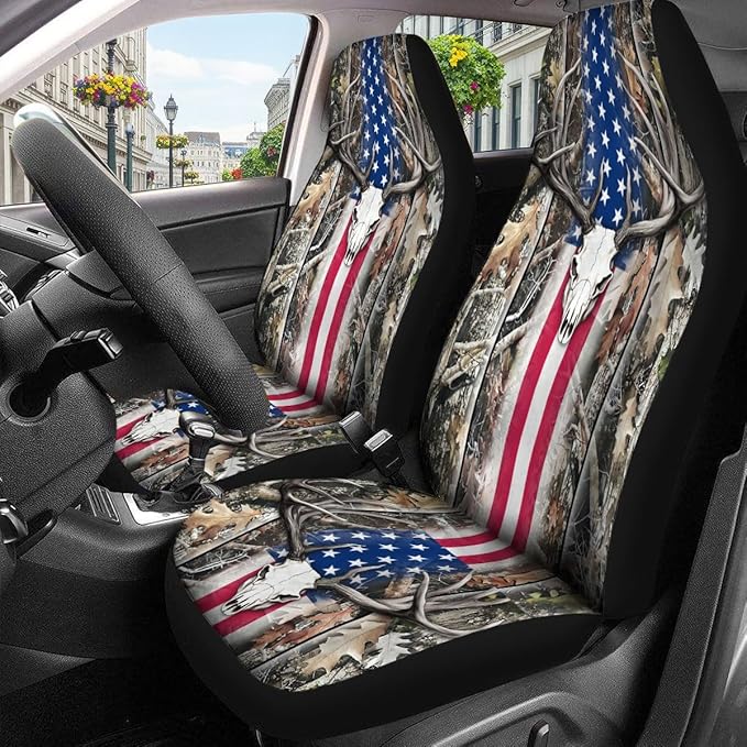 GENANY Hunting Car Seat Covers Set of 2, Deer Skull Breathable Front Seat Covers for Truck Sedan SUV, American Flag Car Accessories, Hunting Gift for Women Men