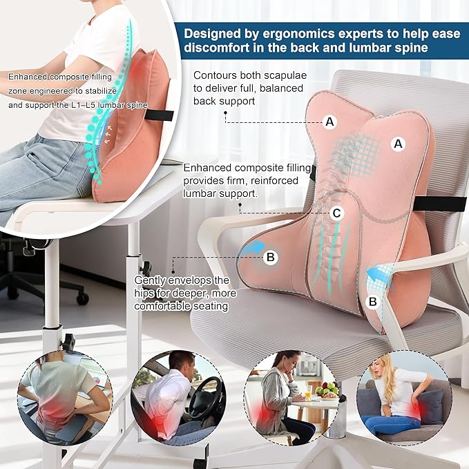Lumbar Support Pillow (Pat. Pend) for Office Chair, Couch, Recliner & Car Seat, Ergonomic Back Support Cushion for Lower Back Pain Relief, Washable Lumbar Pillow, Blush Pink