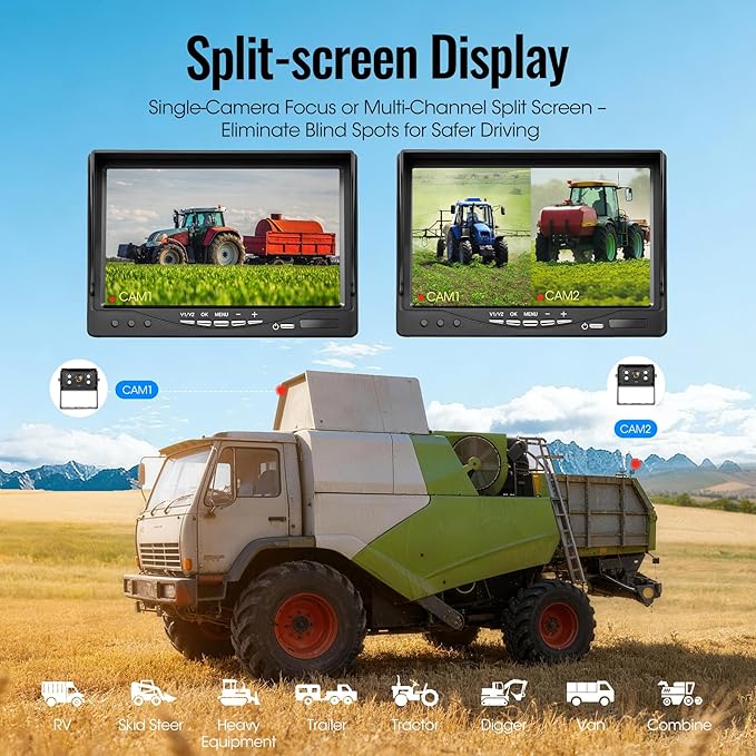 7" 2-Wired Backup Camera System, DVR Dual Screen Rear View Camera, IP69 Waterproof IR Night Vision, 20G Vibration-Proof for Trailer/RV/Tractor/Truck/Combine/Skid Steer/Heavy Equipment/UTV, Y1