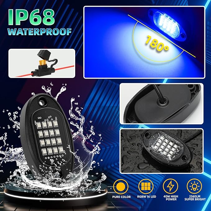 12 Pods RGB LED Rock Lights for Trucks Pickup Offroad Golf Cart SUV UTV, 6500K Super Bright, IP68 Waterproof, Segmented Color Change APP Control Underglow Kit with Power Swith Extension Wires, 12V