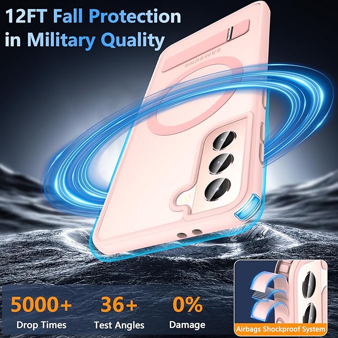 OWKEY for Samsung Galaxy S21 Case with Stand, Magnetic Shockproof Case Fit for Magsafe Translucent Matte Cover for Samsung S21, Pink