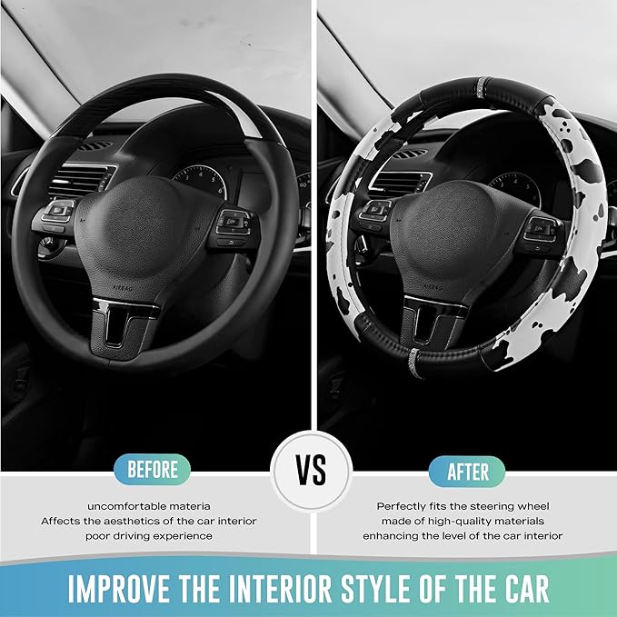 Road Comforts Cow Pattern Steering Wheel Cover - Made with PVC Leather - Anti-Slip, Universal Fit 14 1/2 inches to 15 inches