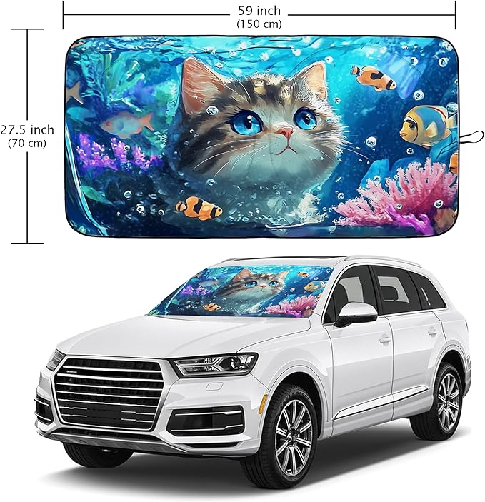 Cat and Fish Car Windshield Sun Shade Foldable Sunshade Front Window Cover Sun Visor Protector Accessories (59x27.5 inches)