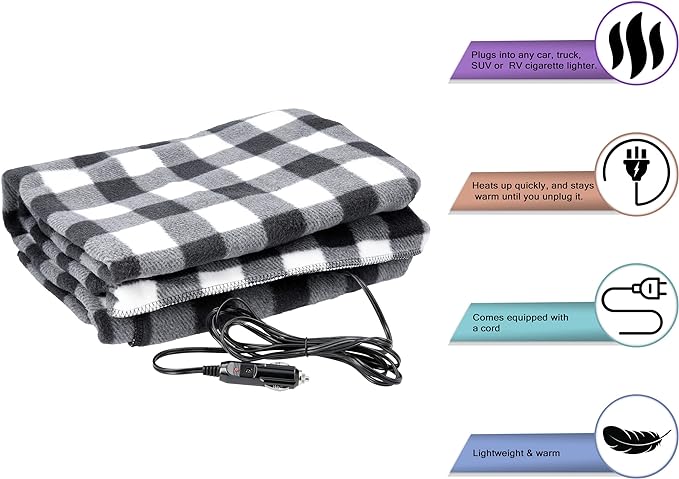 Heated Car Blanket - 12V Electric Travel Blanket for Car, Truck, SUV or RV - Portable Heated Throw for Road Trips, Camping or Winter Emergency Kit for Cold Weather Travel by Stalwart (Black Plaid)