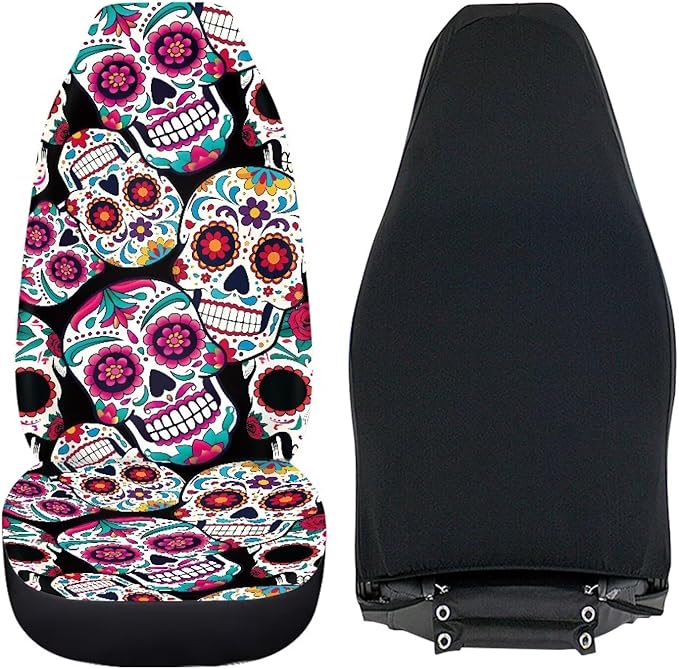 Sugar Skull Car Seat Covers Breathable Front Seat Covers Easy Installation Stretch Polyester Fabric Cover Protection Interior Accessories Universal Fit Most Cars,SUV, Trucks