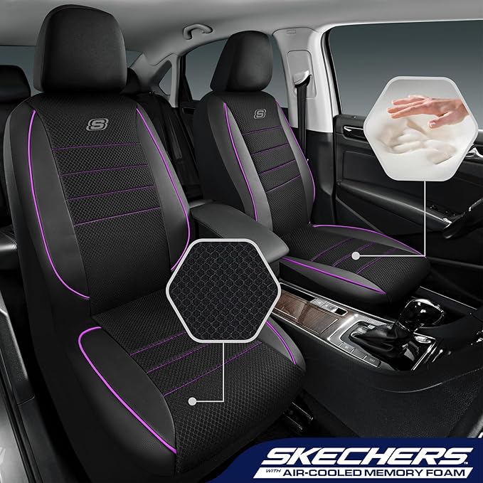 Skechers Air-Cooled Memory Foam Seat Covers,Mesh Thick Car Seat Covers,Piping Leather Car Seat Cover,Airbag Compatible,Automotive Comfort for Most Cars, Vans, Trucks, SUV(Purple, Full Set)