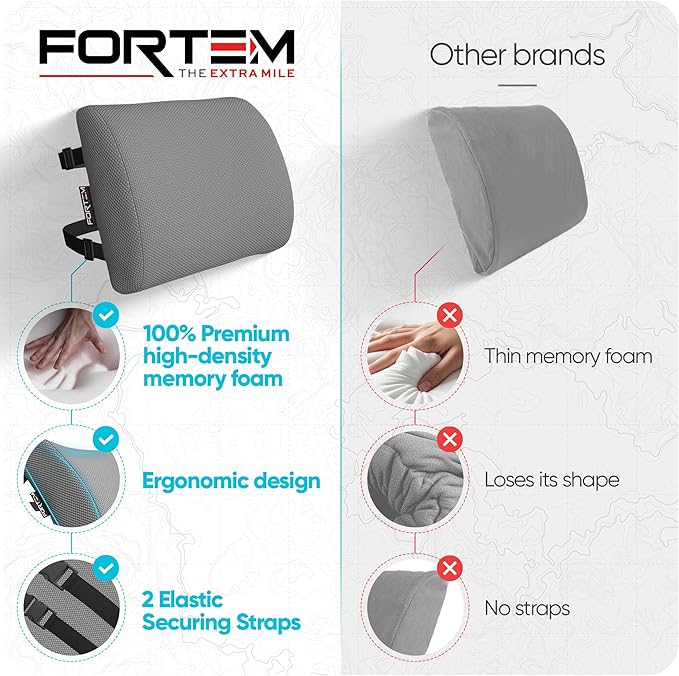 FORTEM Lumbar Support Pillow for Office Chair, Lumbar Support Pillow for Car, Back Rest for Gaming, Memory Foam Pillow, Desk Chair Cushion, Breathable & Washable Cover, Adjustable Straps