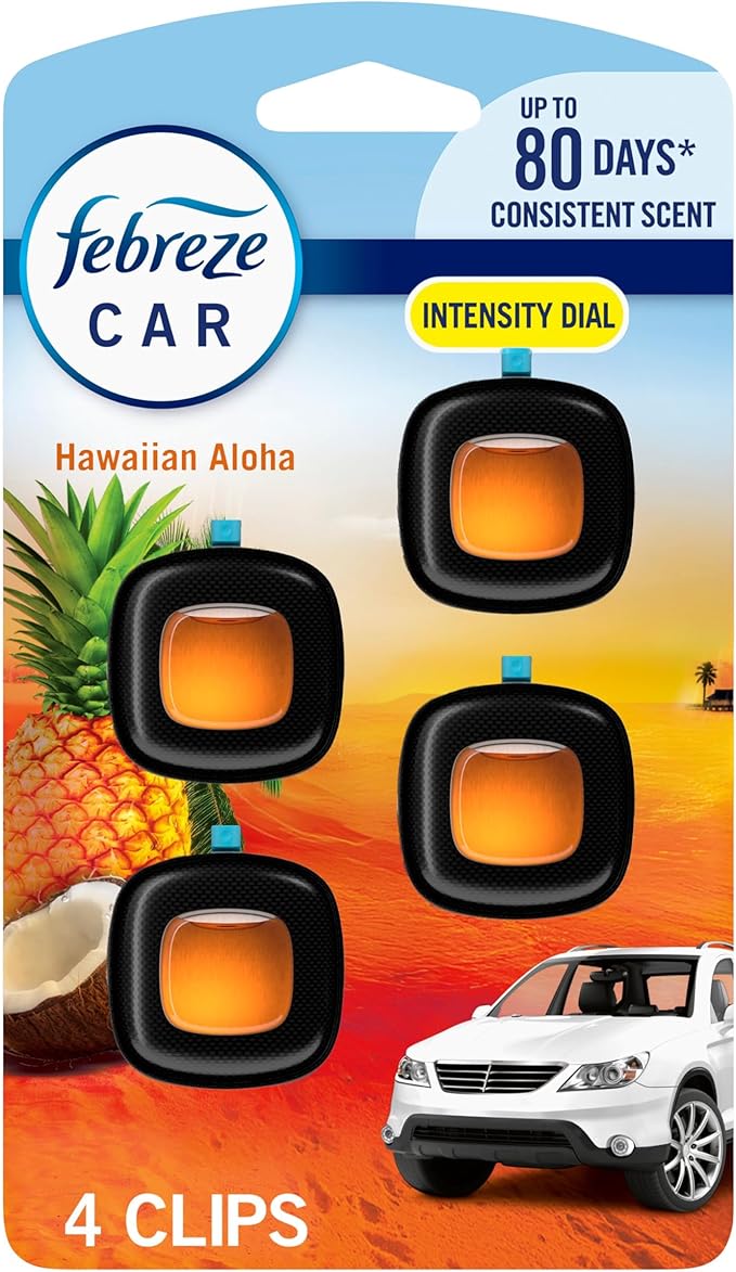 Febreze Car Air Freshener, Odor-Fighting Automotive Vent Clip, Scented Car Accessories, Long Lasting for Strong Odors, Hawaiian Aloha Scent, 4 Count