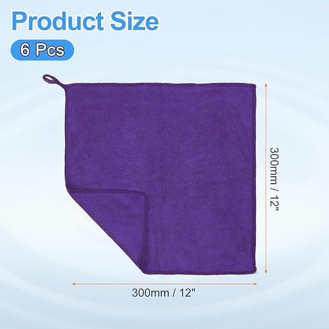 HARFINGTON 6 Pack Microfiber Cleaning Cloth, 12" x 12" Multi-Functional Cleaning Towels Reusable Absorbent Rags with Hook for Car Wash Kitchen Household Window Clean, Purple