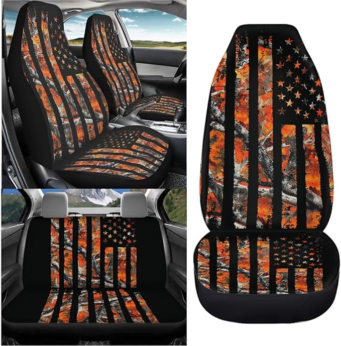 KEIAHUAN Car Seat Covers American Flag Camo Hunting Front Bucket Seat Protector & Rear Bench Seat Covers Fit Most Vehicle, Cars, Sedan, Truck, SUV and Van