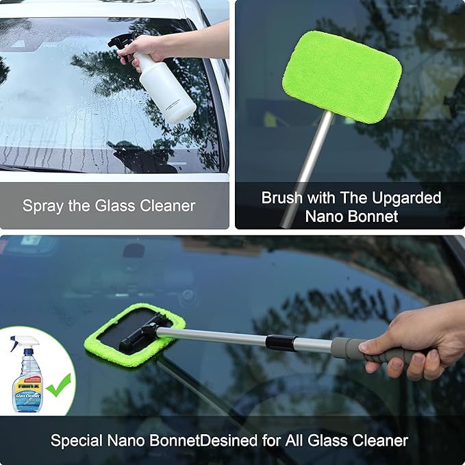 XINDELL Windshield Cleaning Tool for Car – 27inch Extendable Handle Window Cleaner with Reusable Microfiber Pads, Streak-Free Interior & Exterior Auto Glass Cleaner (Green)