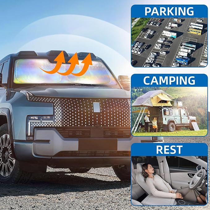 Aokway Car Windshield Sun Shade, Laser Reflective Windshield Sunshade | Heat & UV Blocker for Cars, SUVs, Trucks | Flexible Steel Wire Frame,Double Thickened, Foldable Design