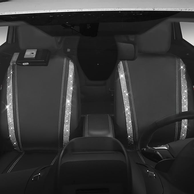 CAR PASS Leather Bling Diamond Car Seat Cover 2 Front Interior Sets, Waterproof Universal Shining Glitter Crystal Sparkle Fit for 95% Automotive Truck SUV Cute Women Girl, Black Silver Rhinestone