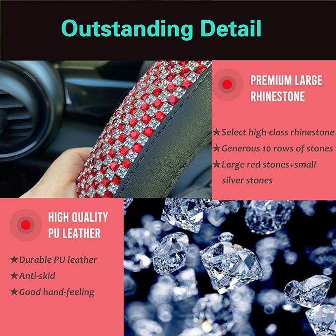 PINCTROT Bling Bling Comfy Steering Wheel Cover with Jumbo Crystal Rhinestones, Anti-Slip Diamond Leather, Universal 15 Inch (Red)