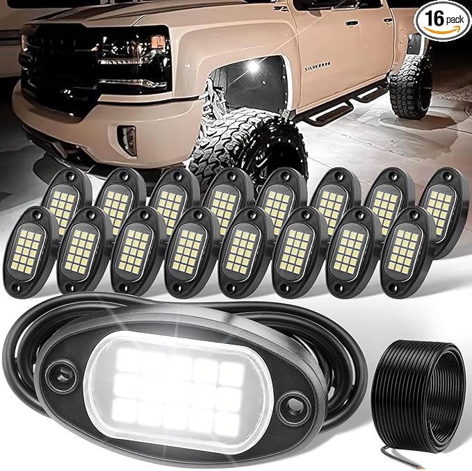 YONEDA 16 Pods White Rock Lights 6000K Pure White LED Underglow Lights IP68 Waterproof for Trucks SUV UTV ATV RZR Car Boats Motorcycle with 39.37ft Extension Wire