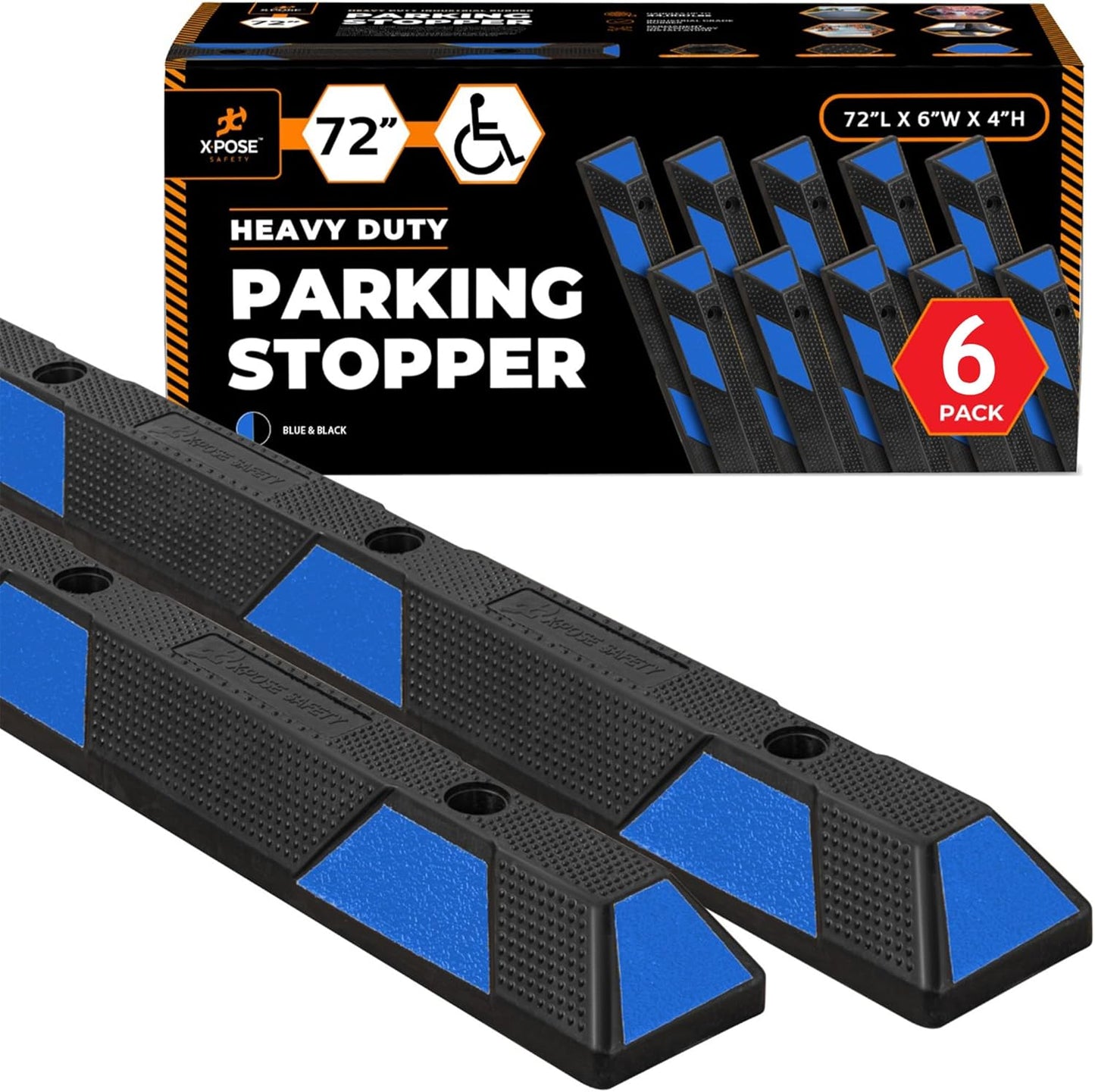 Xpose Safety 72" Heavy Duty Rubber Parking Stopper – 6 Pack Wheel Blocks for Garage, Driveway, or Ramp – Car Bumper Stop with Blue Reflective Strips – Removable Floor Mount