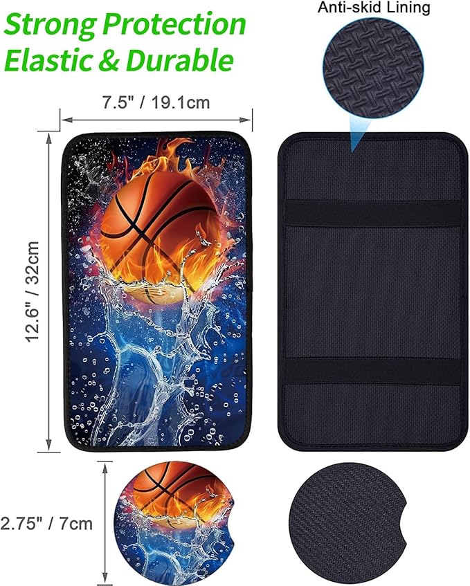 Car Armrest Cover Pads Universal Fashion Cute Auto Center Console Armrest Cover Pad with 2PCS Car Coasters Soft Waterproof Car Armrest Seat Protector for Women, Basketball