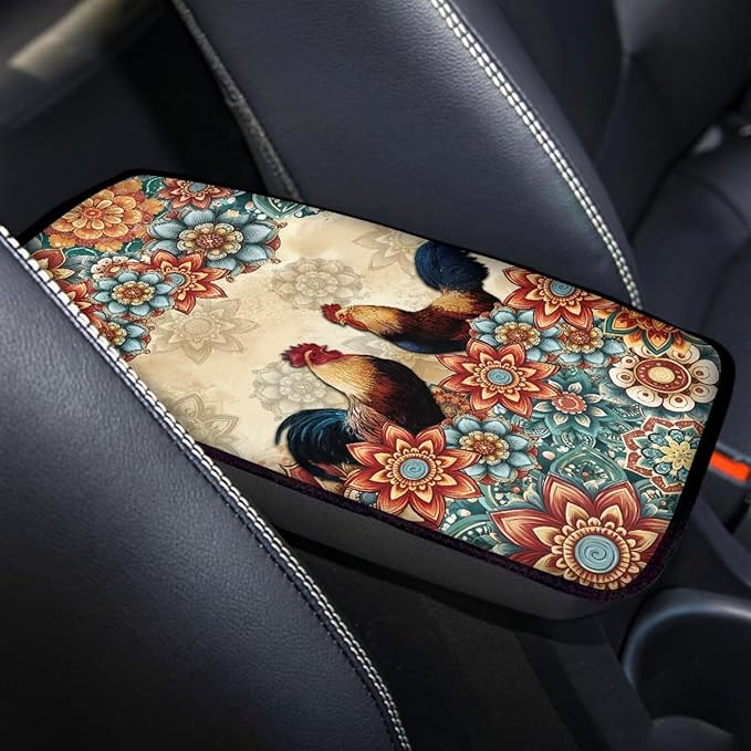 Suobstales Boho Mandala Rooster Chicken Print Car Armrest Pad Soft Center Console Arm Rest Protector Cover Universal Car Interior Accessories Decoration