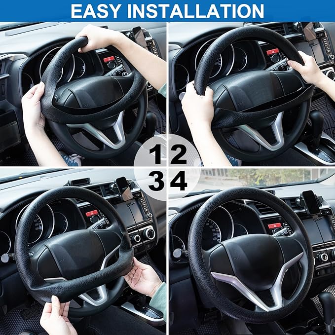 Spurtar Car Steering Wheel Cover for Women Men Car Accessories, Silicone Anti-Slip Thin Steering Wheel Protector, Black Soft Leather Texture Interior Vehicle Accessories, Fit Diamenter 15" - 16.5"
