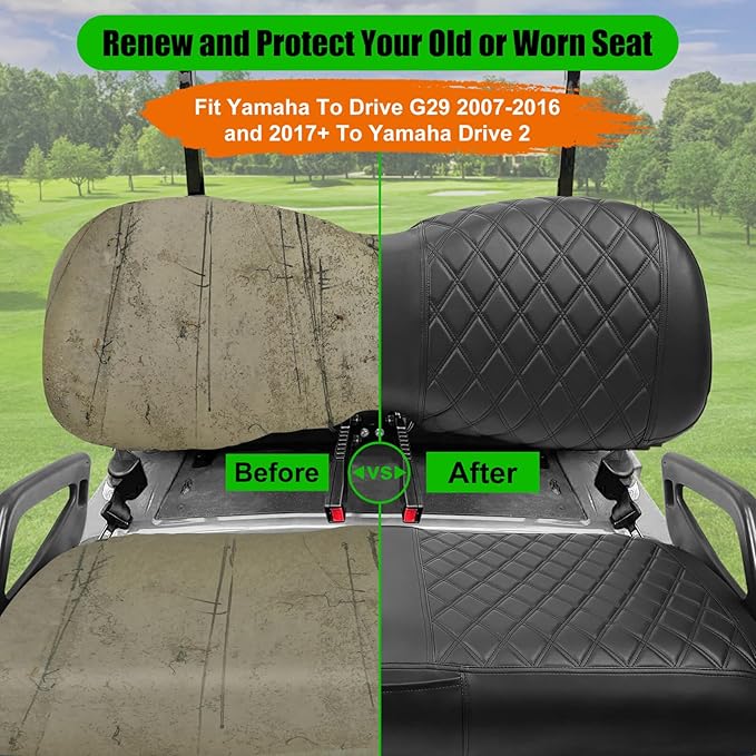 Golf Cart Seat Covers Compatible with Yamaha Drive G29 2007-2016 and 2017+ Drive 2 Carts, Made Thick Premium Marine Leather Custom Diamond Stripe Soft Comfortable/Anti-Scratch/Anti-Fading
