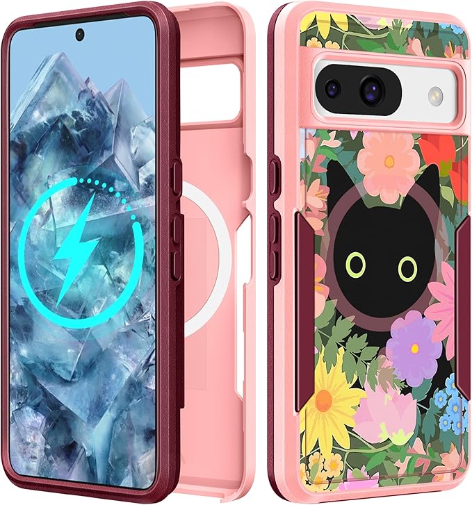 for Google Pixel 8A Case 6.1 Inch - Compatible with MagSafe Women Girls Cute Magnetic Protective Cover Girly Cat Flower Floral Heavy Duty Shockproof Design for Google Pixel 8A Phone Cases
