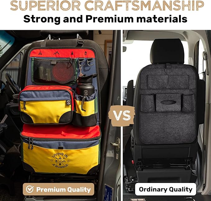 Living in a Bubble Seat back Organizer – Magnetic Toiletry and Cooler Pouch, Cordura Car Backseat Storage with Device Holder & Hooks, Multi-Compartment Utility Bag for Campervans & Family Travel