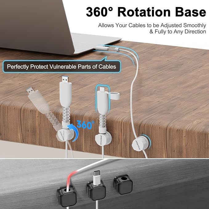 6 Rotatable Cord Holder Desktop Cord Organizer Magnetic Spring Cable Clips 2 Charging Cord Protecors for Nightstand Phone Charger Organizer Computer Desk Cable Management Appliance Adhesive Wire Strap