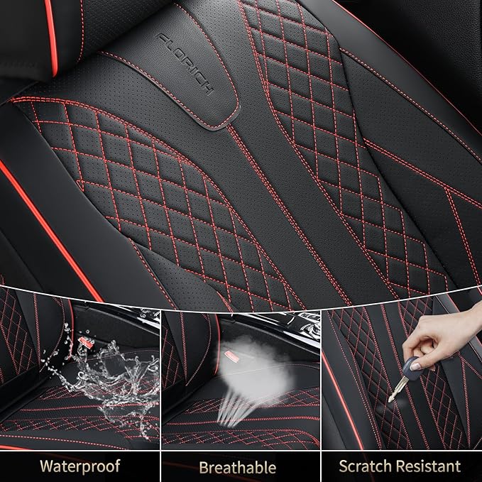 FLORICH Leather Seat Covers Car Seat Cover Front and Rear Seat Cover 5 Seats Automotive Seat Covers Waterproof Seat Covers for Cars Universal Fit for Most Cars SUV Trucks, Black&Red Line