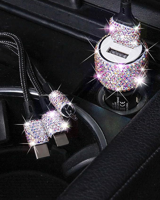 Bling USB Car Charger 5V 2.4A Multicolor Crystal Decor Dual Port Fast Adapter with 4ft Nylon Type C Micro USB 3 in 1 Multi Charging Cable for iPhone iPad Android, Auto Interior Accessories for Women