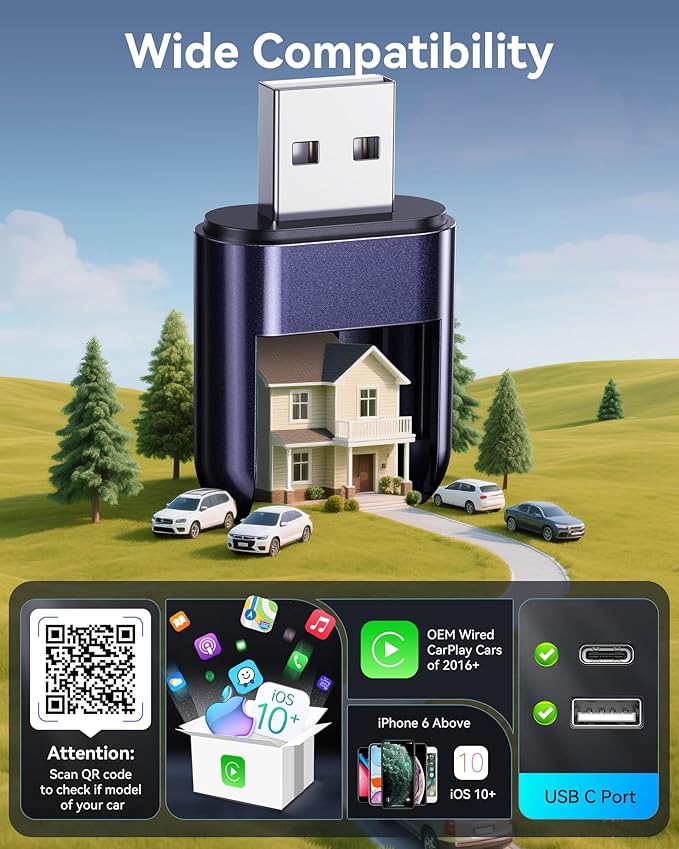 Burnt Sugar Wireless Carplay Adapter for iPhone 2026 Upgraded, Ultra-Mini USB for Apple Car Play Convert Wired to Wireless, Stable Low-Lag GPS Plug & Play for iOS 10+ & Cars from 2016+ (Gray Purple)