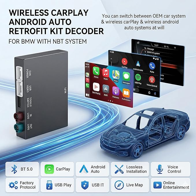 Wireless CarPlay Android Auto Retrofit Kit Decoder Box Compatible with BMW NBT System 1 2 3 4 5 6 7 Series X3 X4 X5 X6 2012-2016, Replacement for BMW F20 F30 F10 F15 F25, 6 Pin LVDS Port