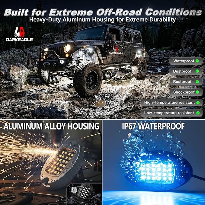 4Pods Aluminum RGB LED Rock Lights for ATV UTV 4 Wheeler Can-Am SXS RZR Side by Side Offroad Golf Cart with APP/RF Remote Control, Waterproof Multicolor Metal Alloy Case Segmented Underglow Light 12V