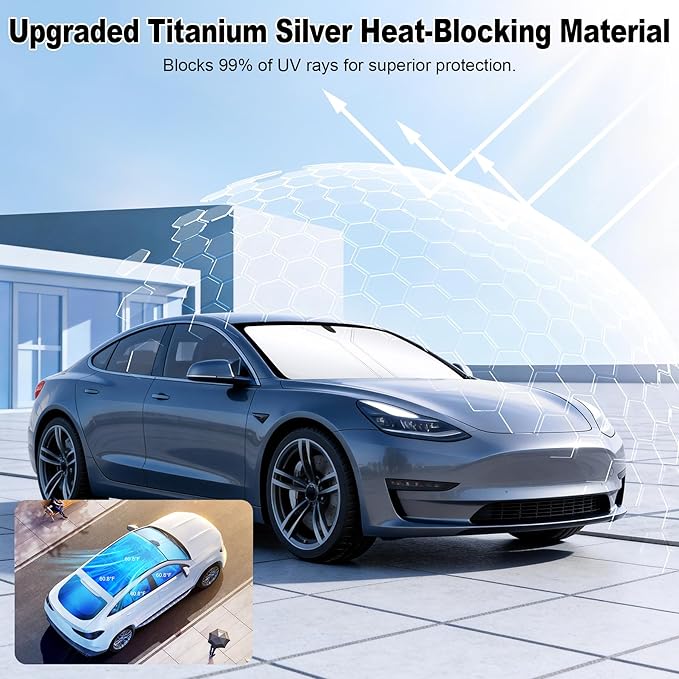 Car Windshield Sunshade Universal Sun Visor Front Window Shades, Foldable Reflective Fits for Model 3/Y 2016 to 2026 (55.9" x 37.4")