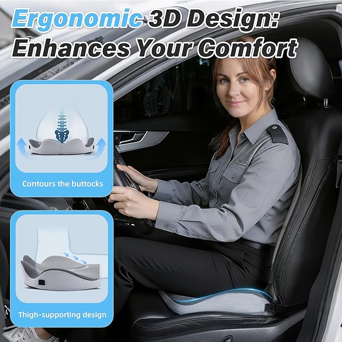 VUSIGN X-Large Seat Cushion for Truck & Car Drivers, Memory Foam Seat Cushion for Long Driving, Sciatica & Tailbone Pain Relief, Ergonomic Back Support Cushion with Non-Slip Bottom & Washable Cover