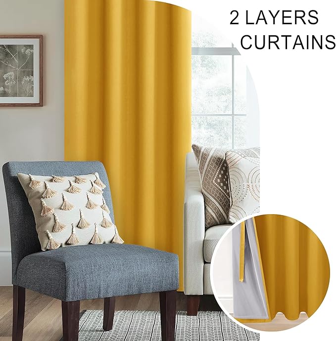 XWZO Extra Wide 100% Blackout Curtains with Tiebacks- Privacy Protection & Noise Blocking Window Draperies Grommet Top with Black Liner for Bedroom/Living Room, Yellow, W60 x L63, Set of 2