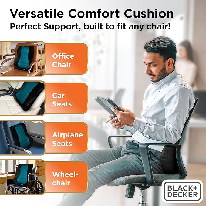 BLACK+DECKER Memory Foam Lumbar Support Pillow with Cooling Gel – High Back Lumbar Cushion for Office, Car, Wheelchair & Airplane – Ergonomic, Pain Relief, Adjustable Strap, Washable Cover,Black/Grey