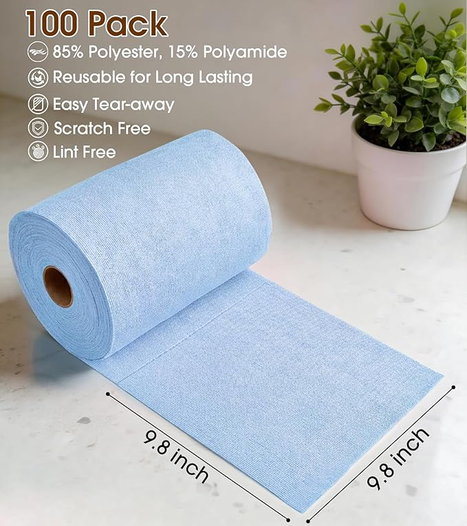KitchLife Microfiber Cleaning Cloth Roll, 100 Pack - Tear-Away Microfiber Paper Towels, Lint-Free, Reusable, Washable for Kitchen, Car, Dishes, and Sensitive Surfaces (Blue)