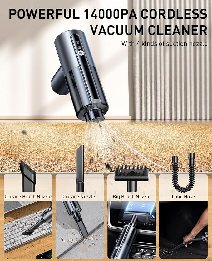 CAFELE Car Vacuum Cleaner Cordless Portable, 14000PA High Power Brushless Motor 3 in 1 Mini Duster & Air Blower & Inflatable, with 7 Nozzles, LED Green Light, for Home Office Car Detailing Vacuum
