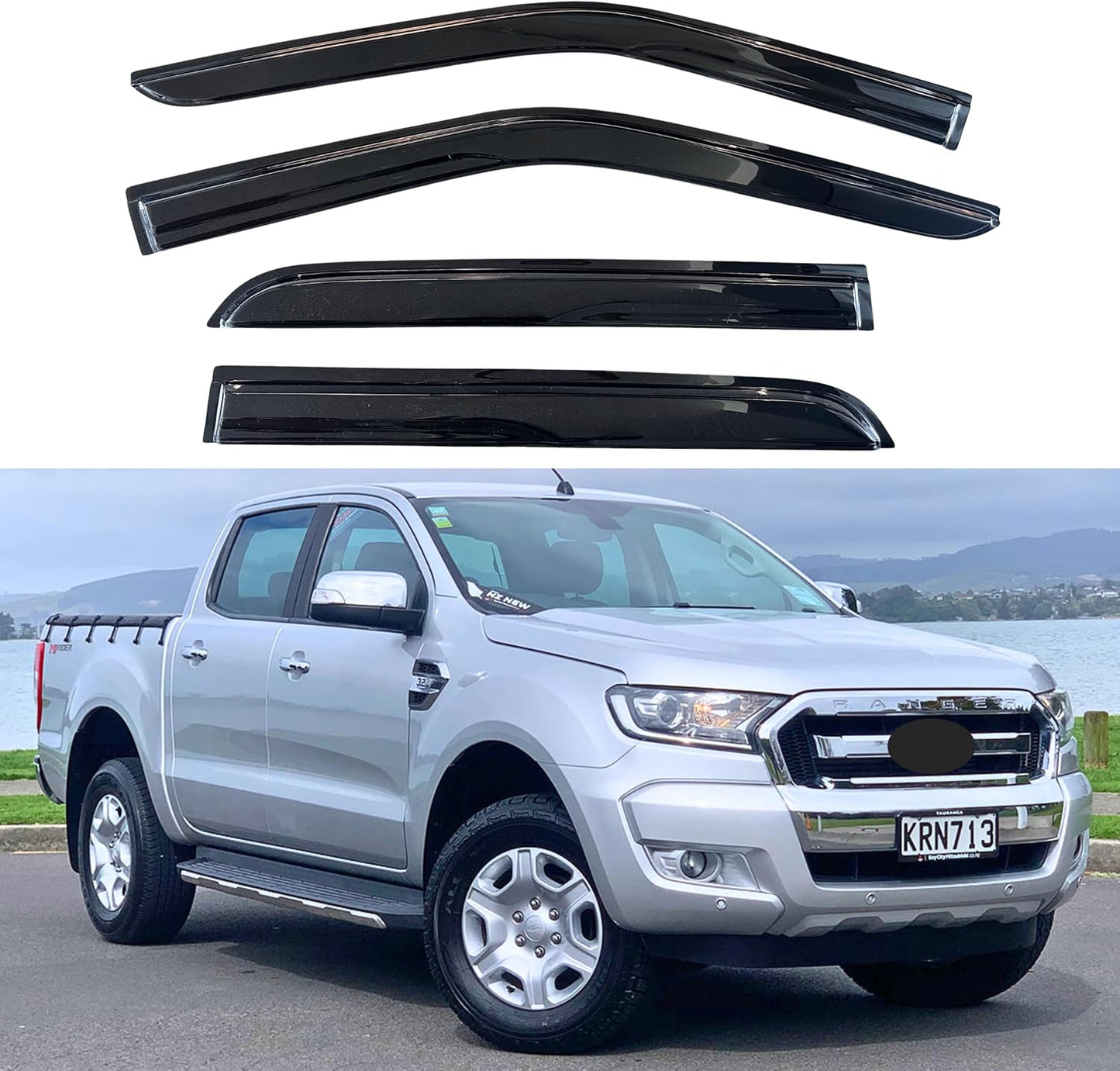 KPY Window Visor Compatible with Ford Ranger SuperCrew 2012-2018, 4PC Rain Guard Side Window Vent Deflectors Tape-On Mugen Style, 2012 2013 2014 2015 2016 2017 2018